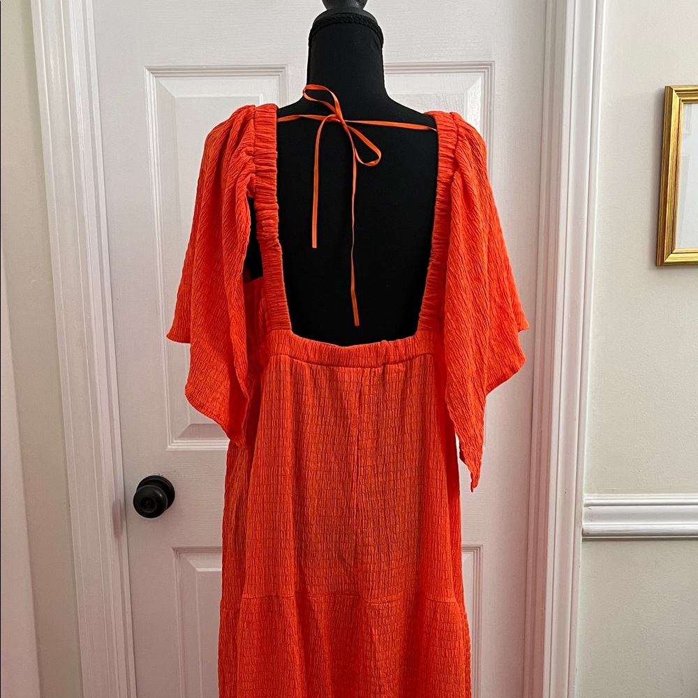 Deep V Orange Maxi Dress with Flutter Sleeves - Picture 7 of 8